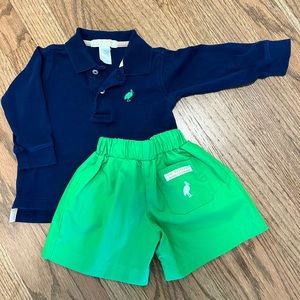 TBBC navy long sleeve polo and matching green shorts